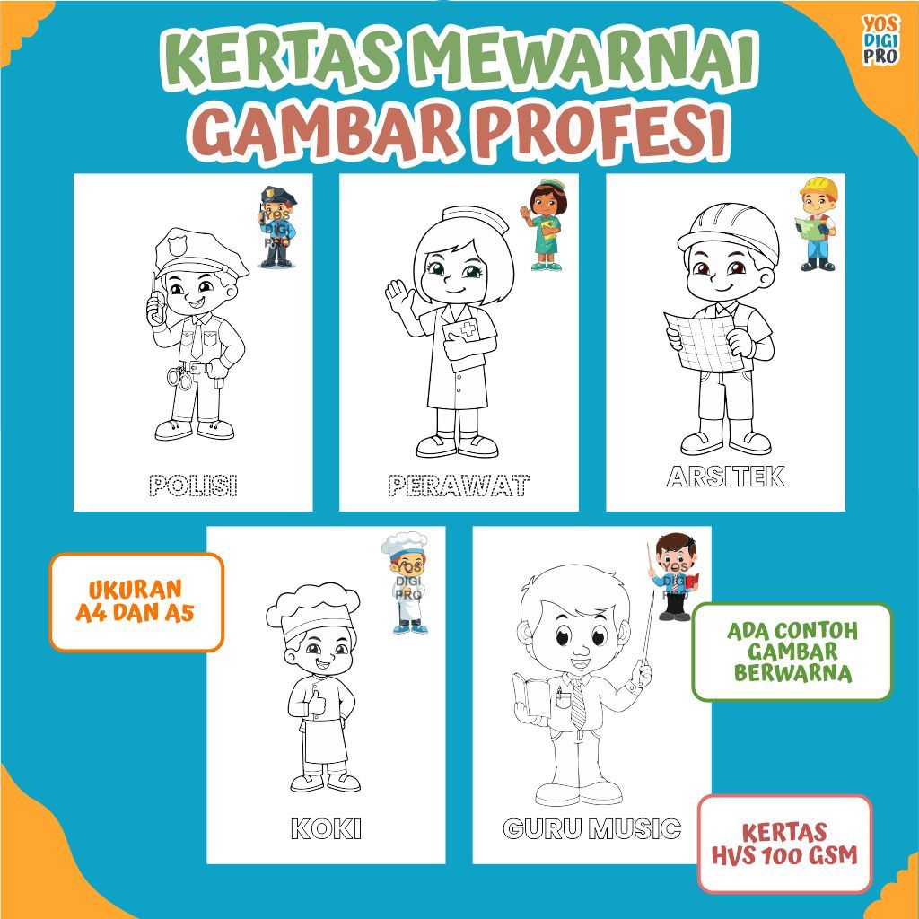

Kertas Mewarnai Gambar Profesi Pekerjaan, Untuk Anak Usia Dini, Paud, TK