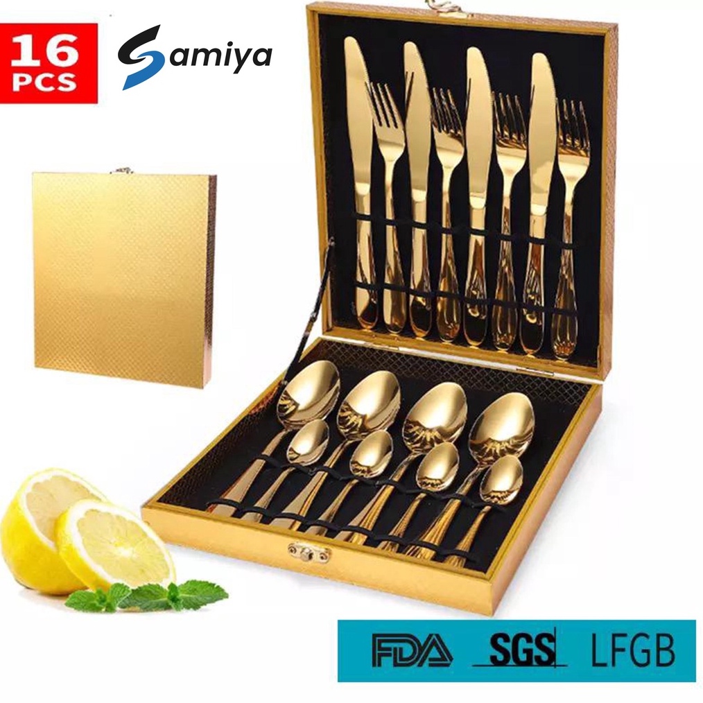 

Promo Terbatas dinner table gift box hampers lebaran 16pcs 4set with gold box paket kado souvenir sendok dinner A18