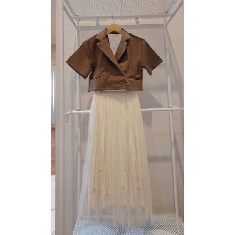 Korean Style premium set Crop blazer black choco  premium Maria Closet celana kulot, rok lace ( beli