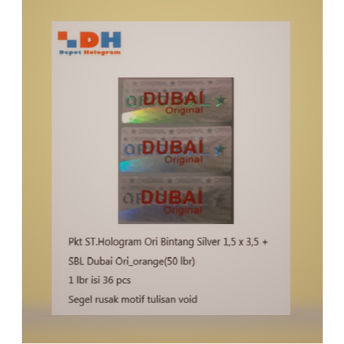 

PAKET ST.Hologram 3D Original Bintang 1,5 x 3,5 cm + sablon 1 warna orange_Dubai Ori (50 lbr)