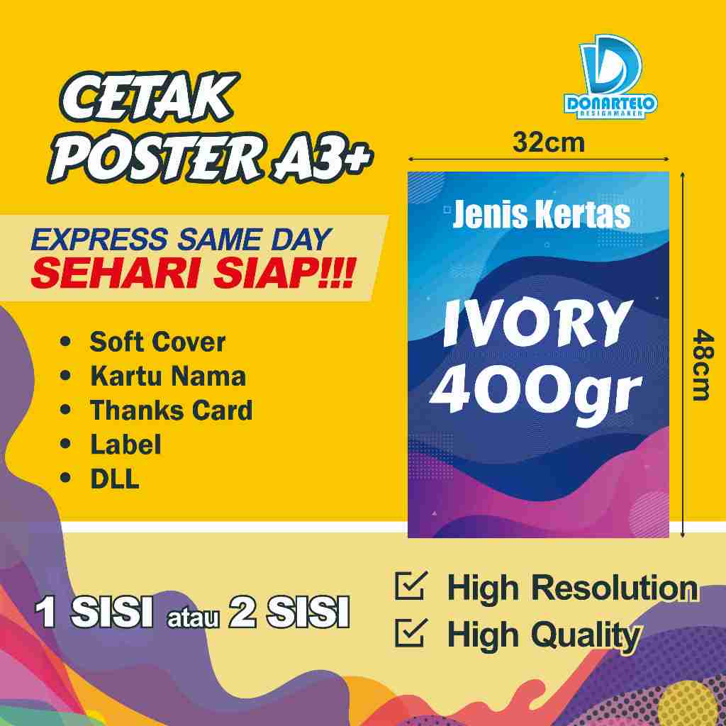 

CETAK KERTAS IVORY 400gr UKURAN A3+ HIGH RESOLUTION, KARTU NAMA, KARTU UCAPAN, SOFT COVER, LABEL, DLL