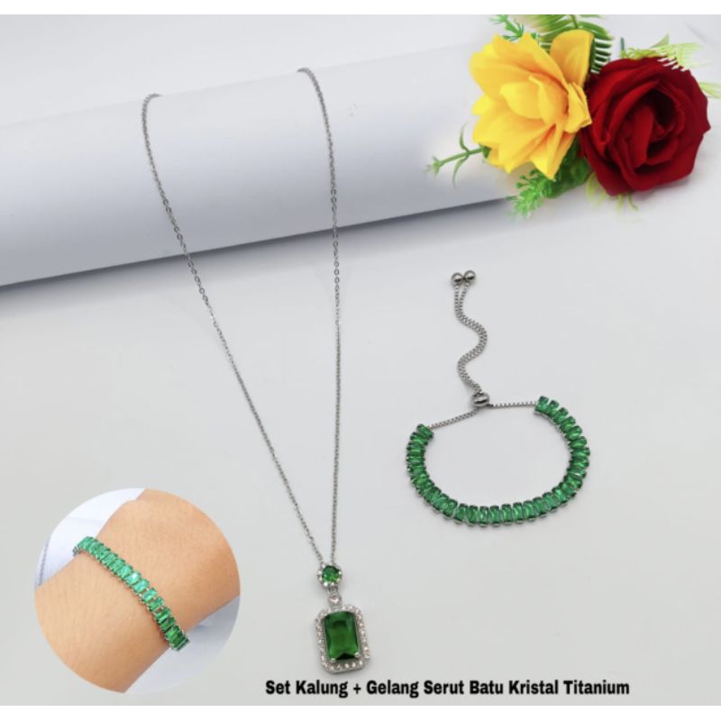 Set kalung + gelang serut batu kristal titanium fashion wanita