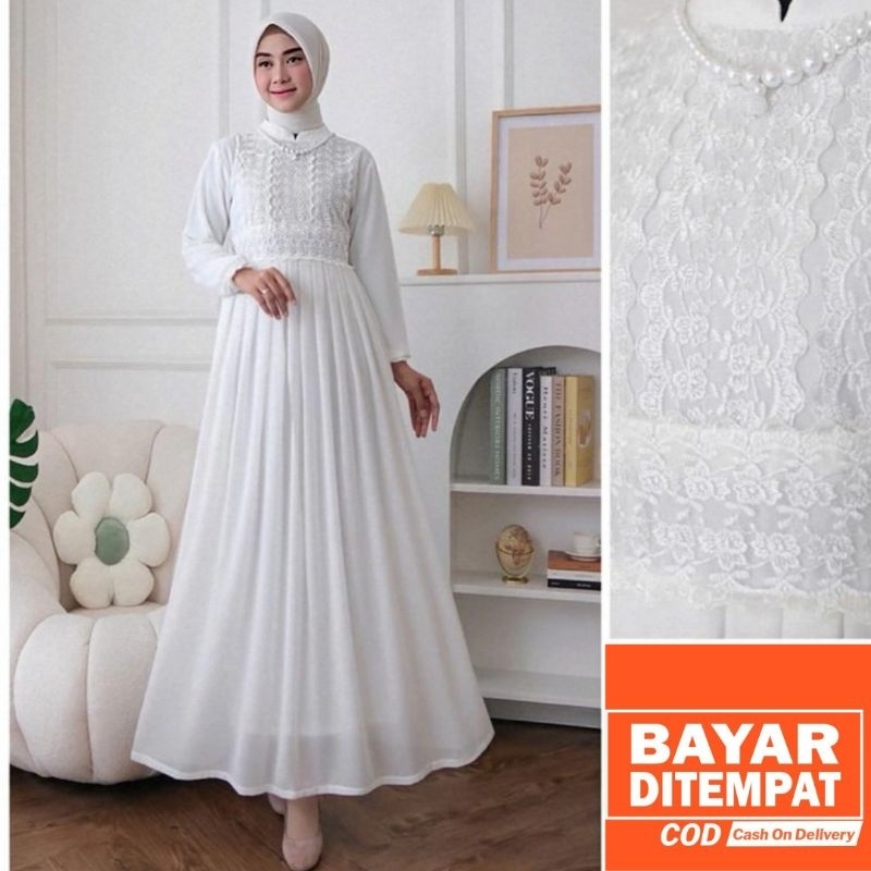 Gamis putih tulang Mewah Dress Brukat Renda Baju Lebaran