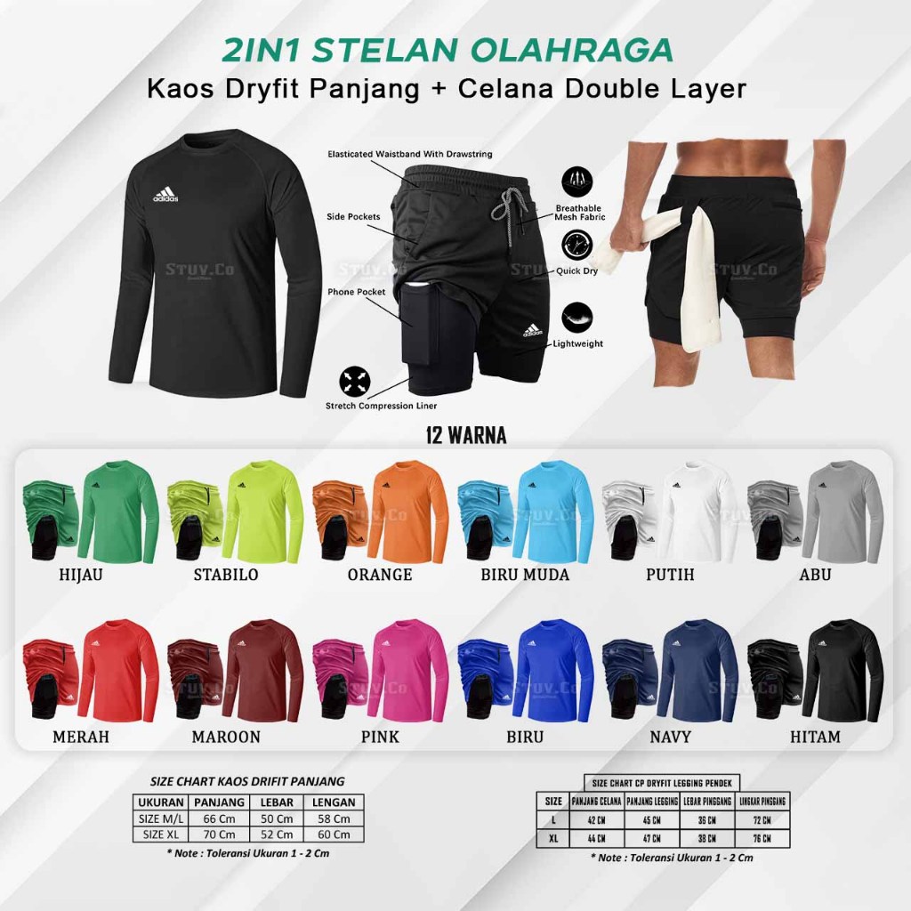 2in1 Kaos Dryfit Lengan Panjang Celana Kolor Pendek Double Layer Olahraga Pria Wanita