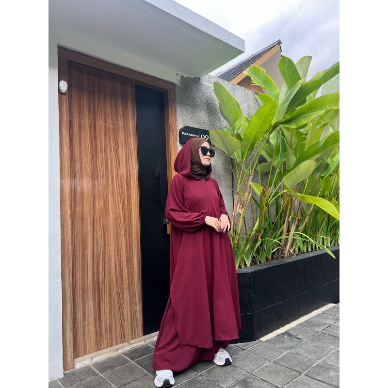 RB Mecca set hoodie sporty / Setelan Olahraga Wanita Muslim / Bahan Crinkle / Sirwal Tunik Gamis