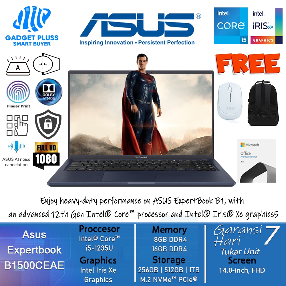 Asus Expertbook B1500CEAE Intel Core i5-1135G7 Ram 16GB 1TB SSD Numpad Windows 11 Pro Office Star Bl