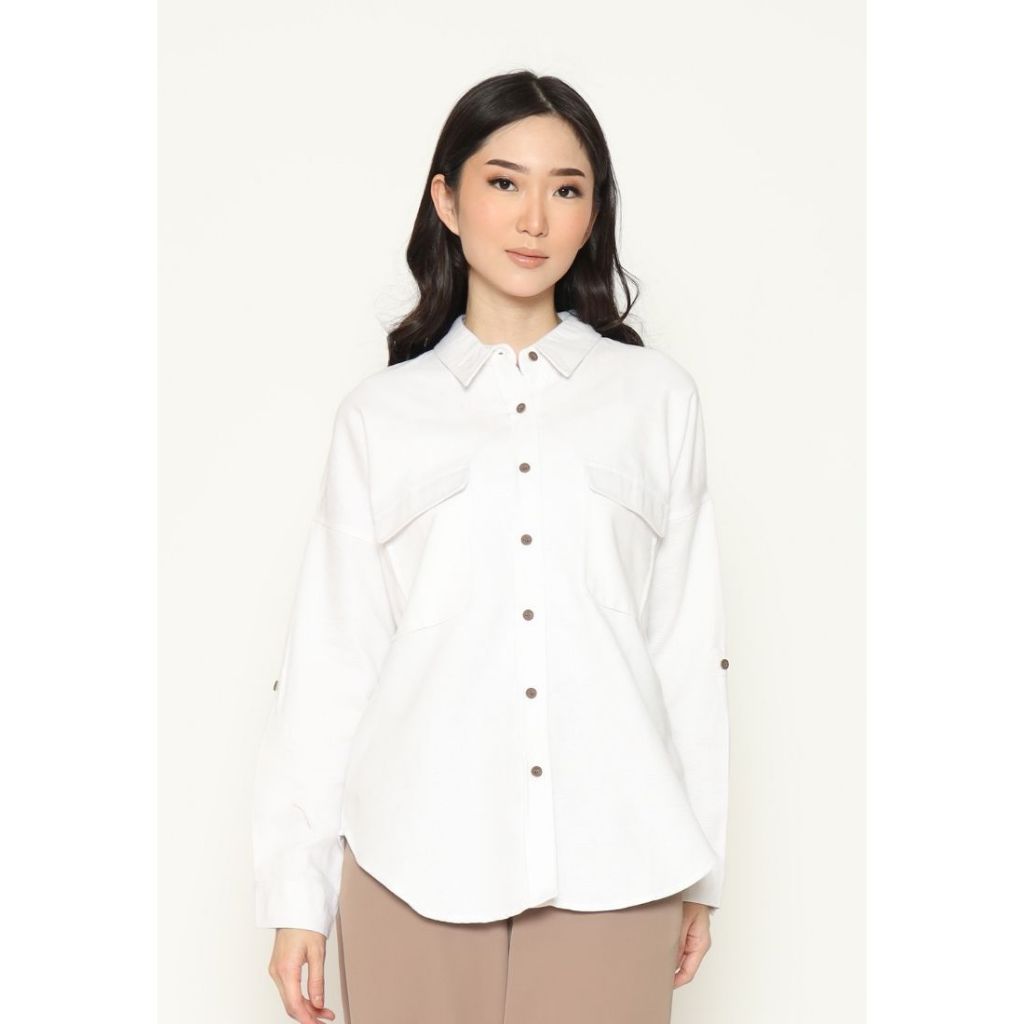 Urban Exchange Ariana Waffle White Shirt - Atasan Kemeja Outer Putih