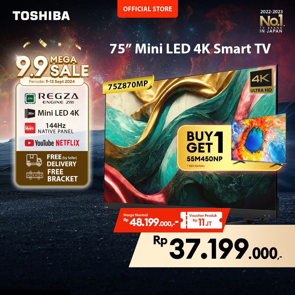 [FREE ONGKIR JABODETABEK] [FREE BRACKET] Toshiba FLAGSHIP TV 75" MINI LED 144Hz 4K UHD Smart TV - Do