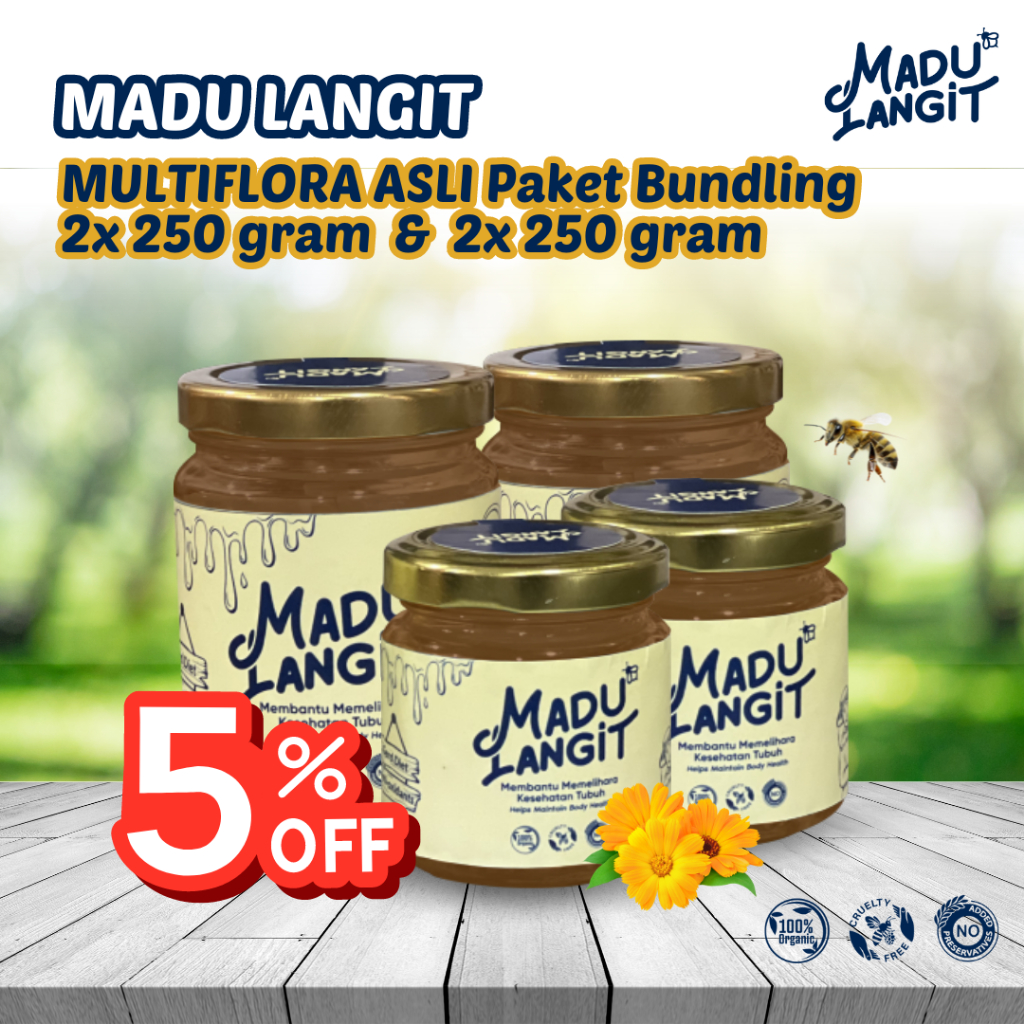 

Madu Asli multiflora Murni Paket Bundling 2x 250 gr 2x 100 gr Madu Langit