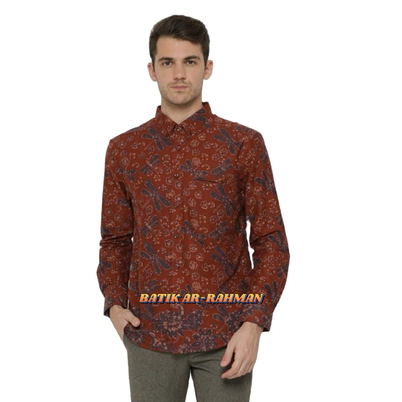 BAJU Kemeja Batik Pria Lengan Panjang Slimfit Premium Capung Merah Bata 729740 Terbaru - Baju Kemeja