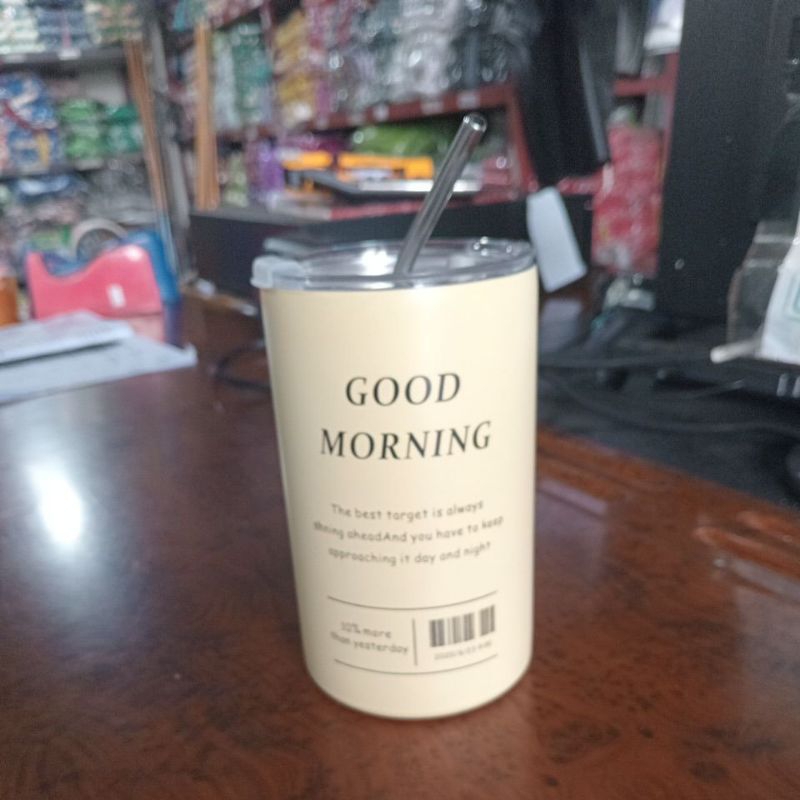 Tumbler good morning stainless steel ada sedotan 600 ml