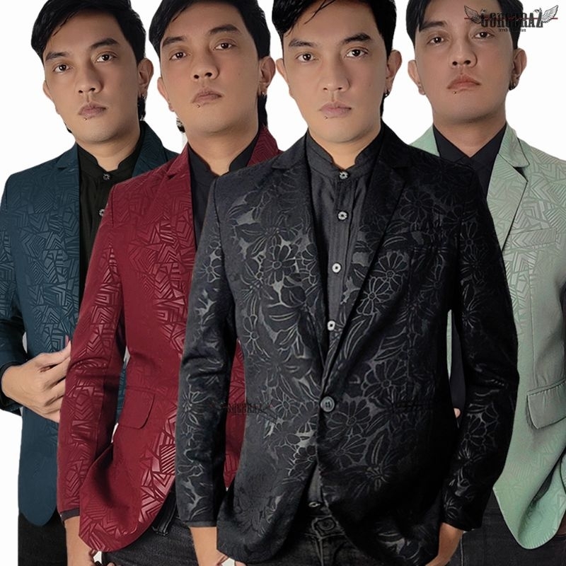 jas blazer batik pria embos hitam merah biru sage slimfit casual formal realpic