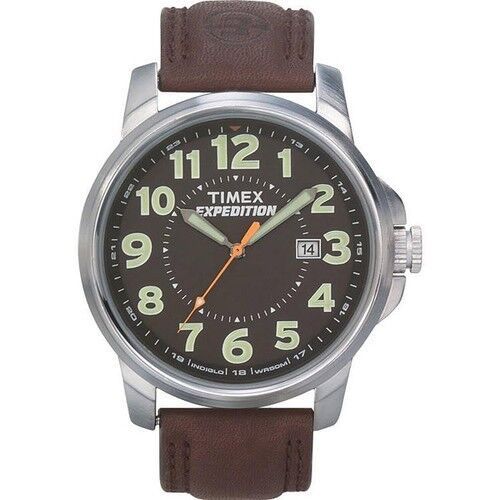 Timex T44921, Men's "Expedition" Brown Leather Watch, Indiglo, Date, NEW