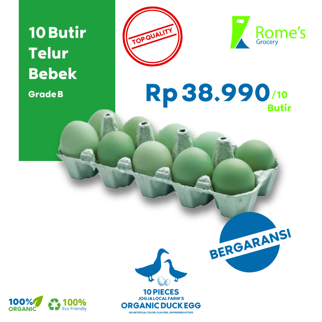 

Telur Bebek 10 Butir | 40 - 50 gr I Grade B | Fresh&Organik I Bergaransi I Romes Grocery