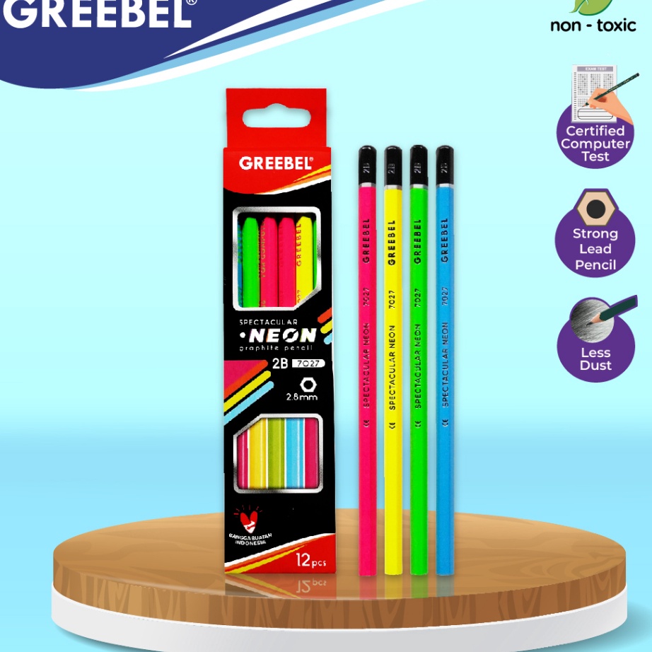

MALL GREEBEL Pensil Kayu lulus uji komputer Grafit Graphite PENCIL 2B 727 NEON 12 PCSSET