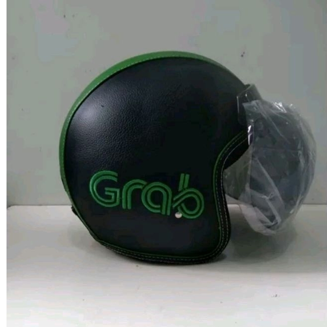 Helm bogo retro dewasa full kulit grab hitam bordir