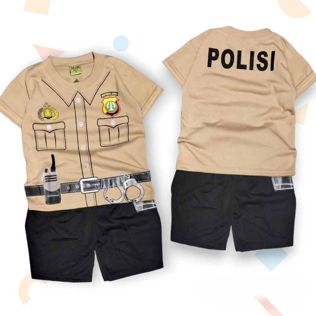 Baju setelan kaos lengan pendek anak-anak motif gaya profesi polisi dan tentara anak 1-7 tahun