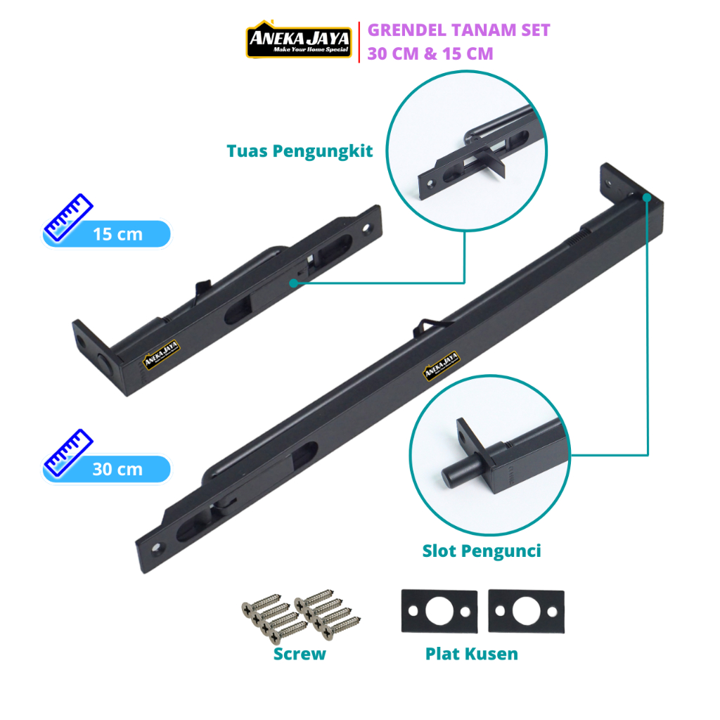 Grendel Tanam Hitam Slot Pintu Tanam Panjang 30 cm dan 60 cm Satu set Stainlees Tebal
