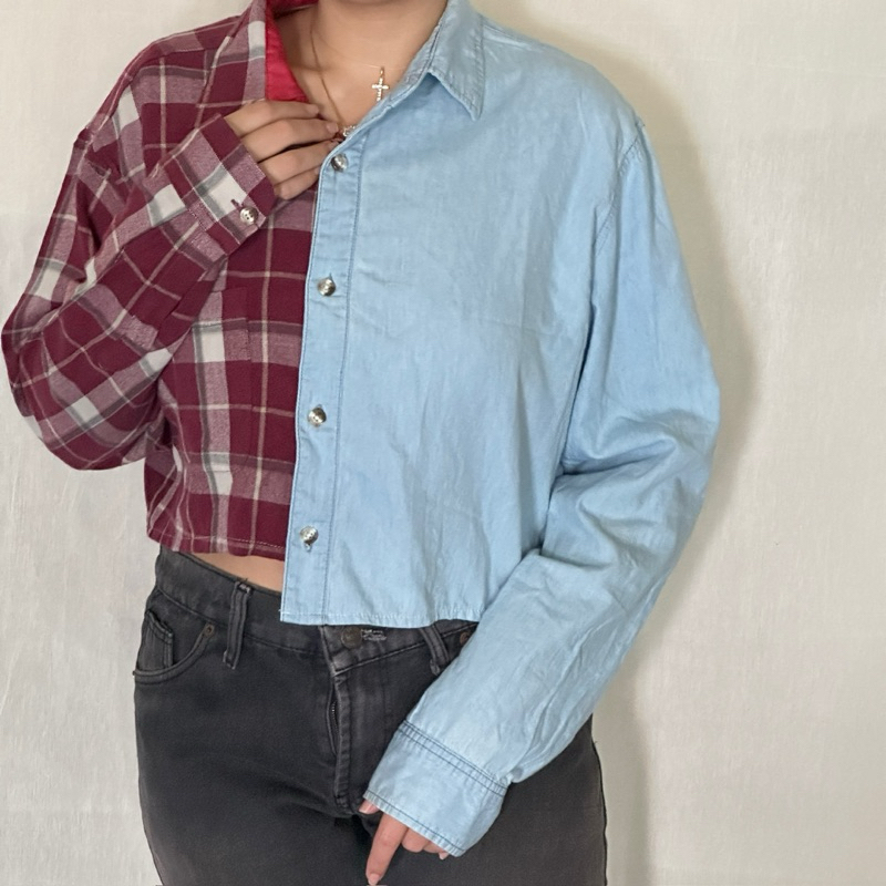 pakaian atasan wanita baju kemeja crop lengan panjang kotak kotak half denim
