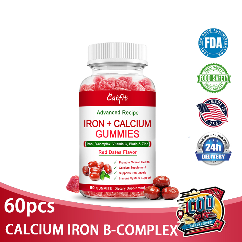 Catfit Iron Kalsium Gummies Rasa Kurma Merah dengan Vitamin C, A, Suplemen Vitamin B Kompleks Fungsi