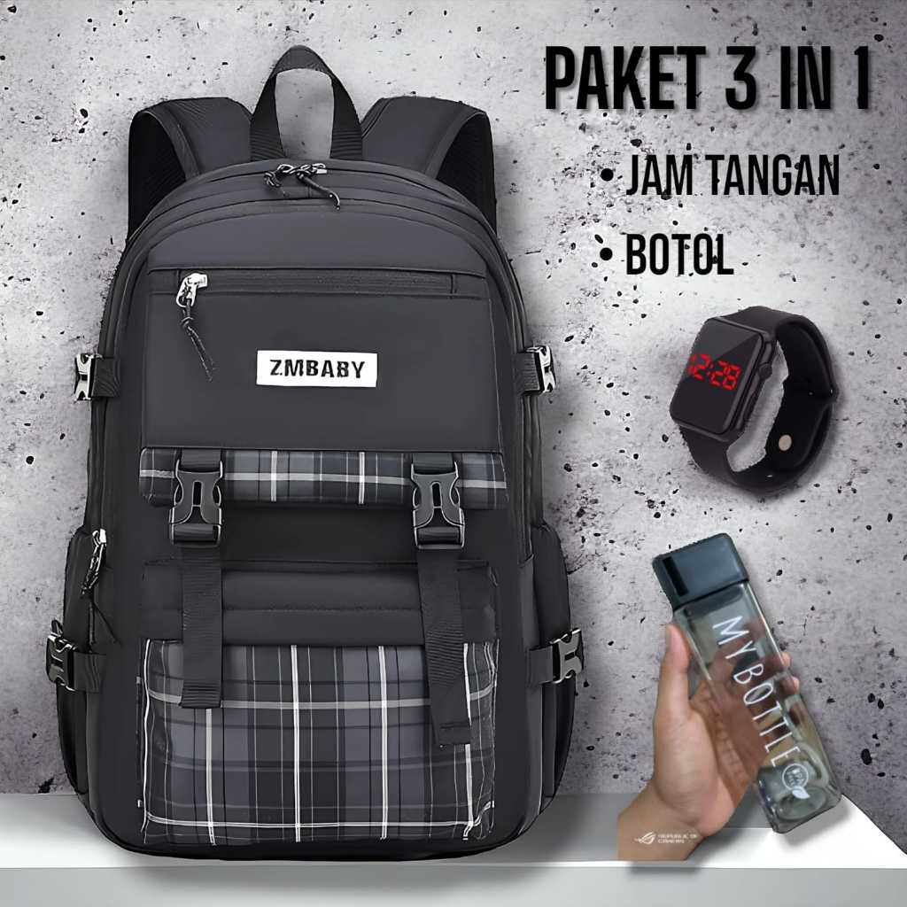 Tas Ransel Anak Sekolah Perempuan Sd Smp Sma Motif ZM BABY Kotak-kotak