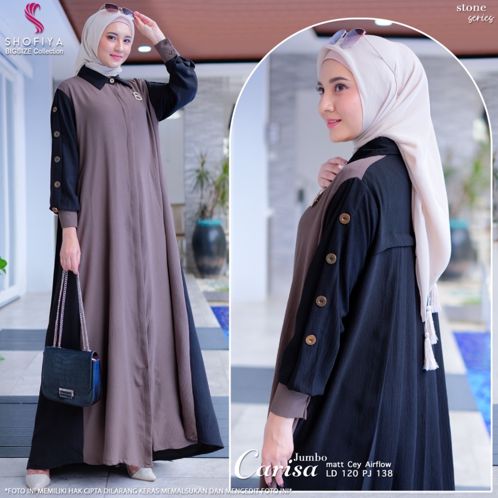 Carisa baju dress gamis wanita muslim ibu ibu jumbo ld 120 cey airflow polos kekinian terbaru 2024