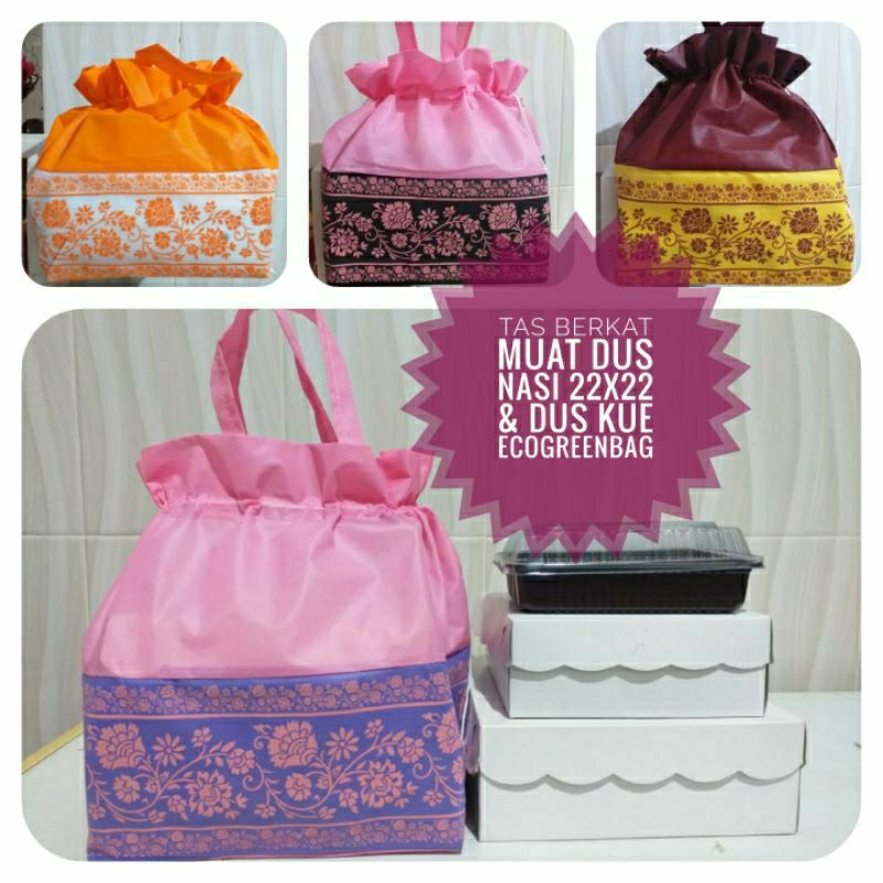 

(harga 1 lusin = 12 pcs) Tas Hajatan / tas tasyakuran /tas berkat muat dus nasi 22x22 dan dus kue diatasnya motif batik bunga