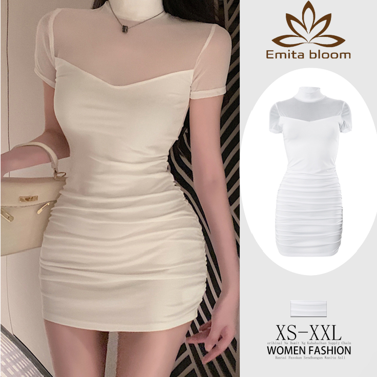 EMITA BLOOM baju mini dress putih wanita kekinian Pendek sexy dress press body korean style
