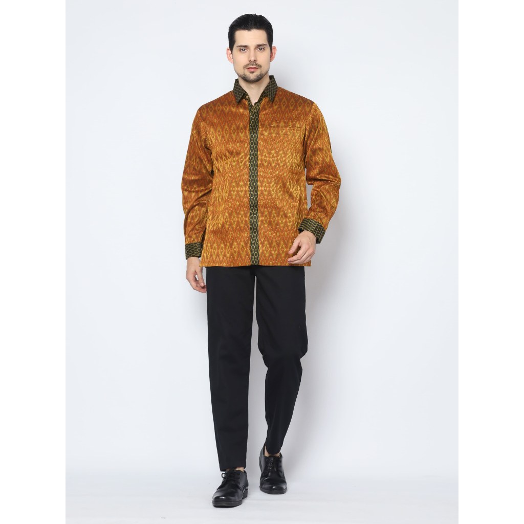 Tenun eBoon Kemeja Tenun Ikat Jangkar Baron Sutra 3D Motif Wajik Terracotta