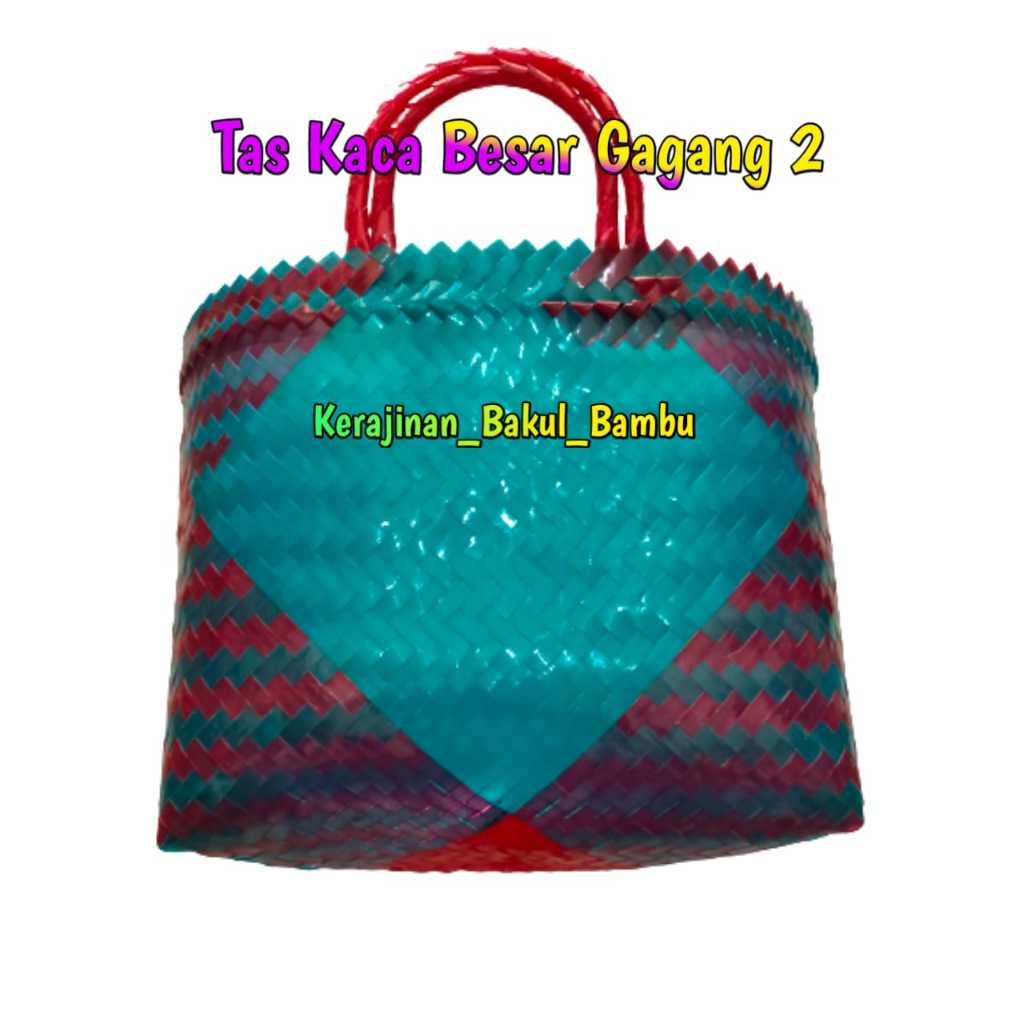 Tas kaca anyaman plastik sintetis Ukuran BESAR gagang 2 warna RANDOM tas belanjaan sayuran serbaguna