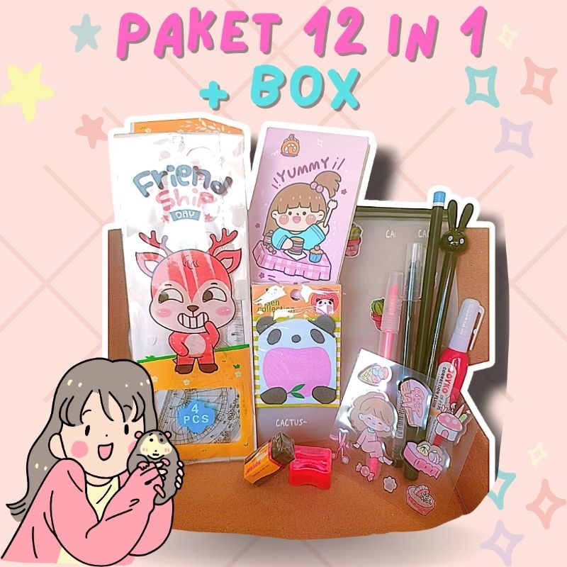 

Alat Tulis Paket 12 in 1 Kado Unik Lucu / Pena / Pen / Bulpoin / Pensil Karakter