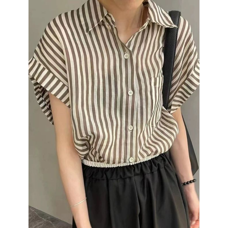 PAKAIAN WANITA BAJU ATASAN KEMEJA HEM SHIRT OVERSIZE SALUR STRIPE GARIS HALEY "