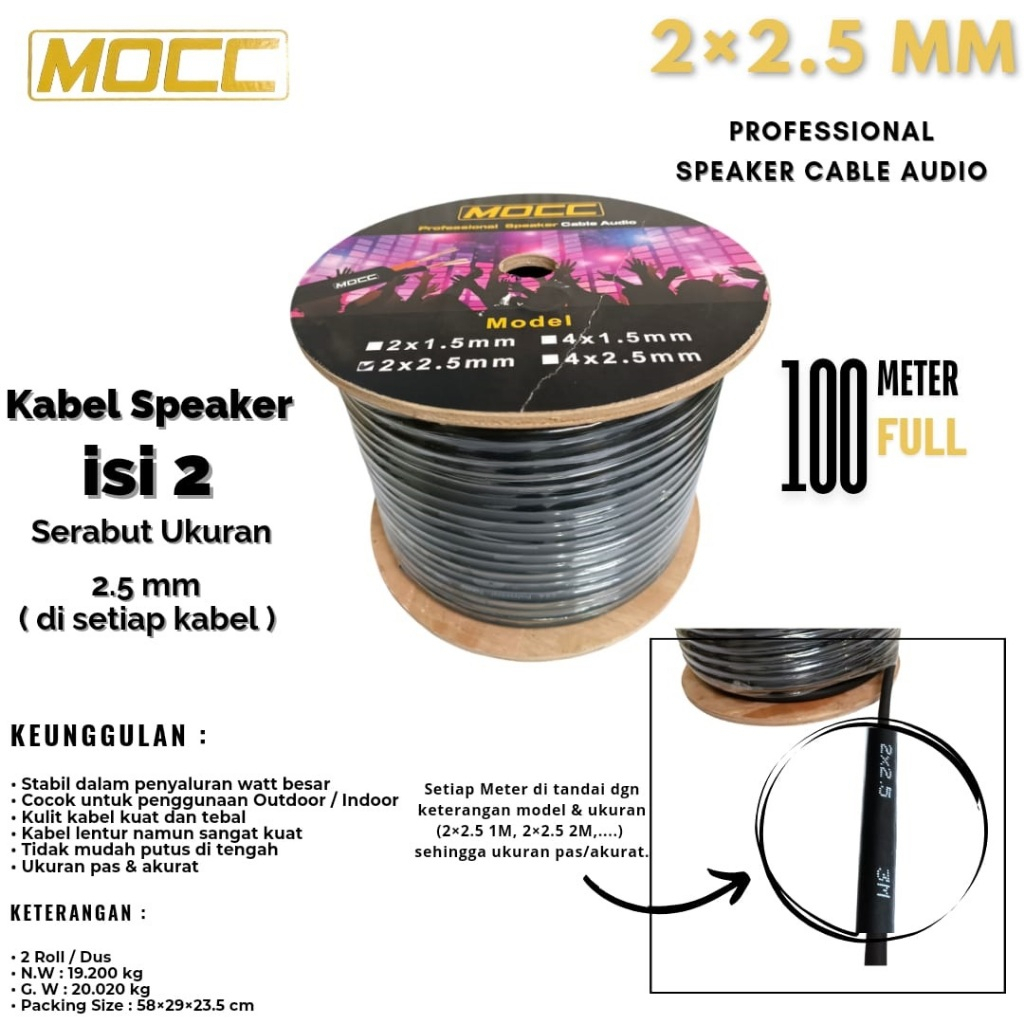 Mocc Kabel Speaker Audio Ukuran 2 x 2,5mm isi 2 uk.2x2,5mm Asli Tembaga