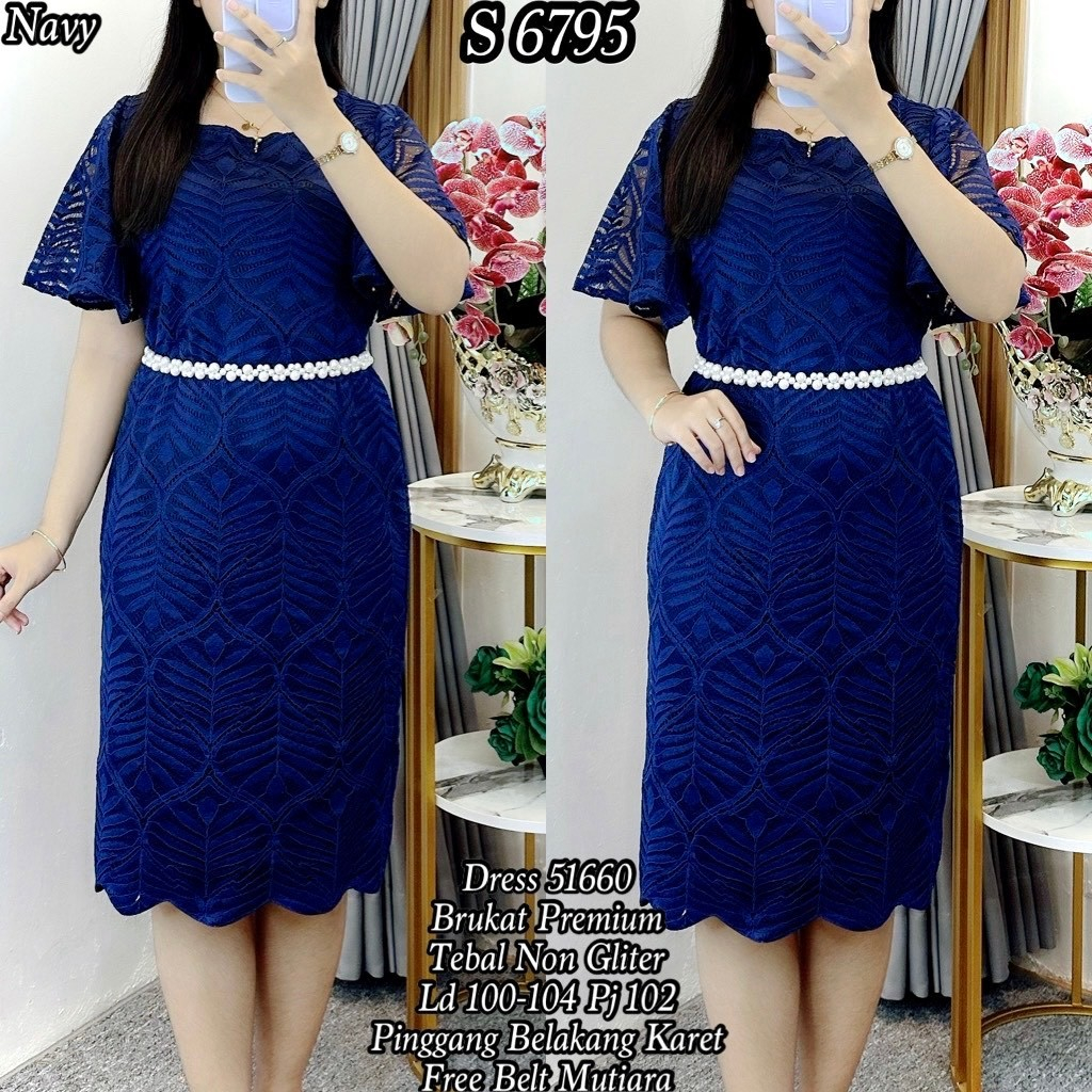 Dress Brukat fashion Sity Daun Span tanpa Belt Mutiara Simple