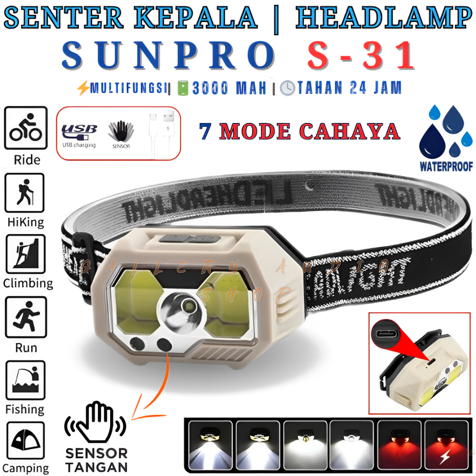 Senter Kepala SUNPRO S-31 Flashlight Motion Sensor LED COB+XPE | Senter Kepala LED Sunpro S-31 Denga