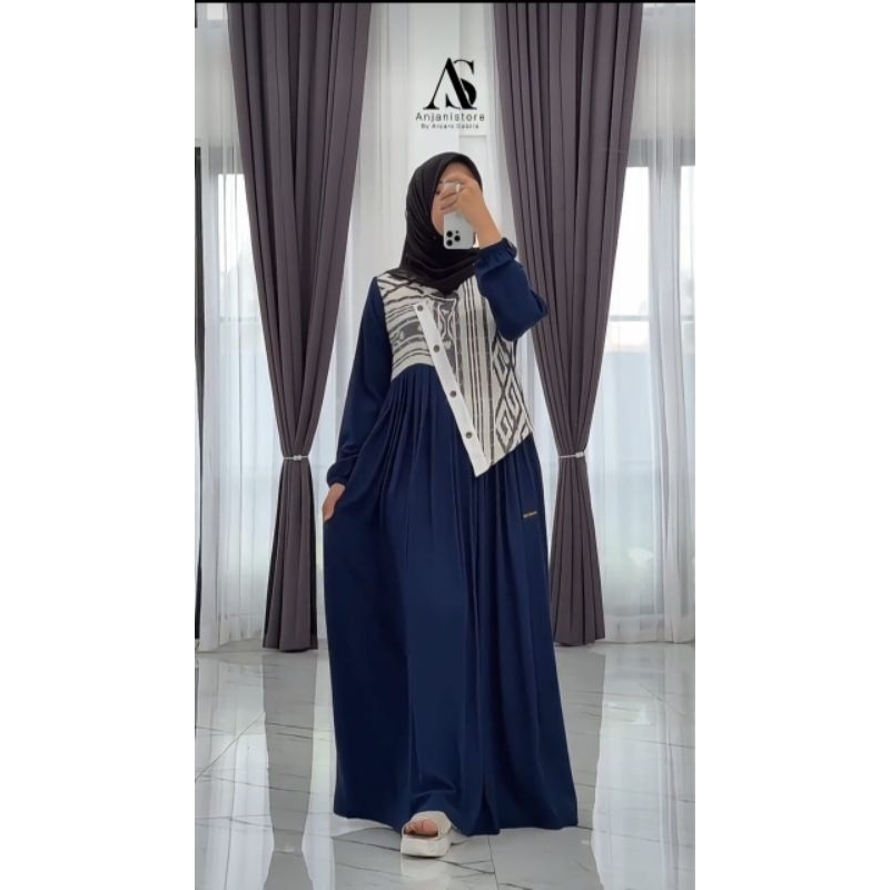 READY STOK DRESS NAVY ETNIK PUTIH ORIGINAL BY ANJANI STORE