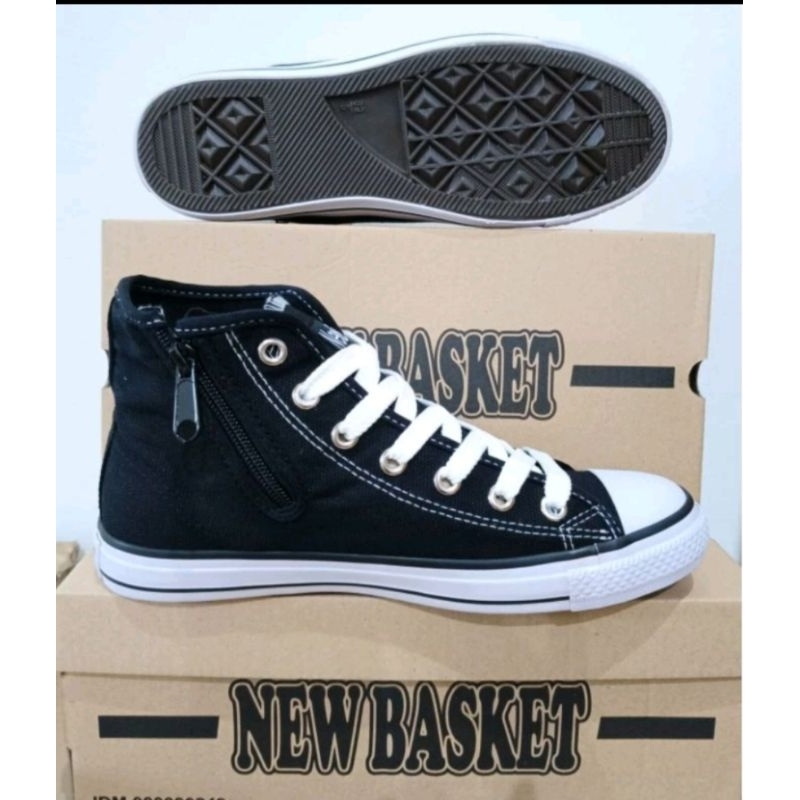 Sepatu sekolah warrior nb new basket pakai resleting samping tinggi hitam putih