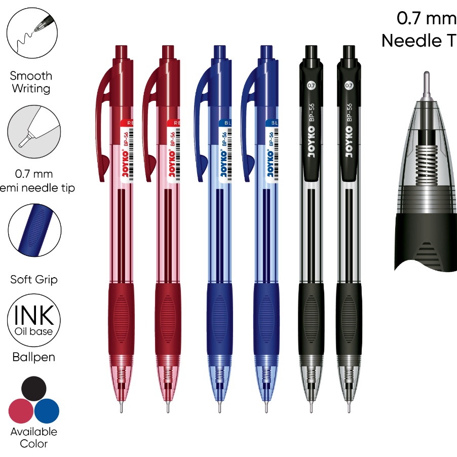 

BORONG SEBELUM KEHABISAN 12 Pcs Pulpen Bolpen Pen Klik BP56 Needle Tip Tebal 7 mm Warna Tinta Lengkap Hitam Black Biru Blue Merah Red