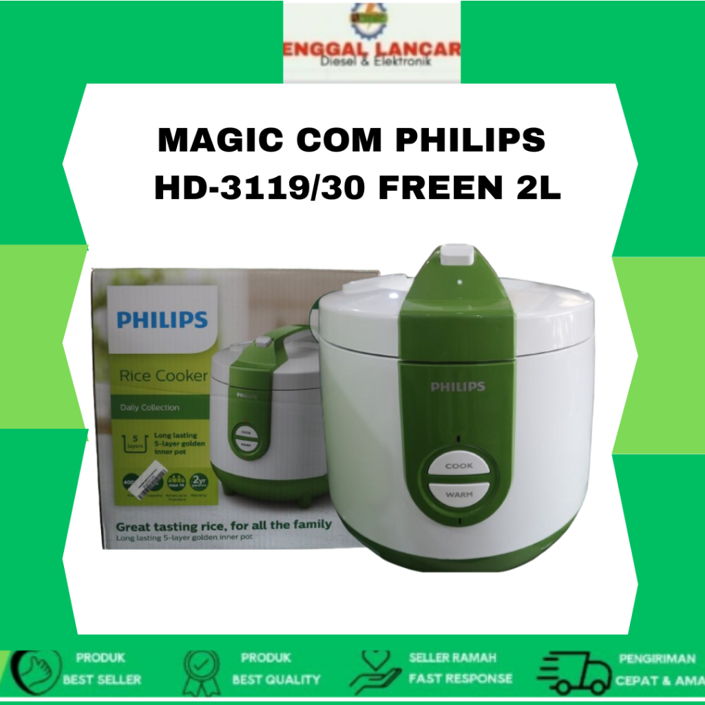 MAGIC COM PHILIPS HD-3119/30 GREEN 2L PHILIPS 2L Rice cooker HD3119/30 - 400Watt, Penanak Nasi Analo