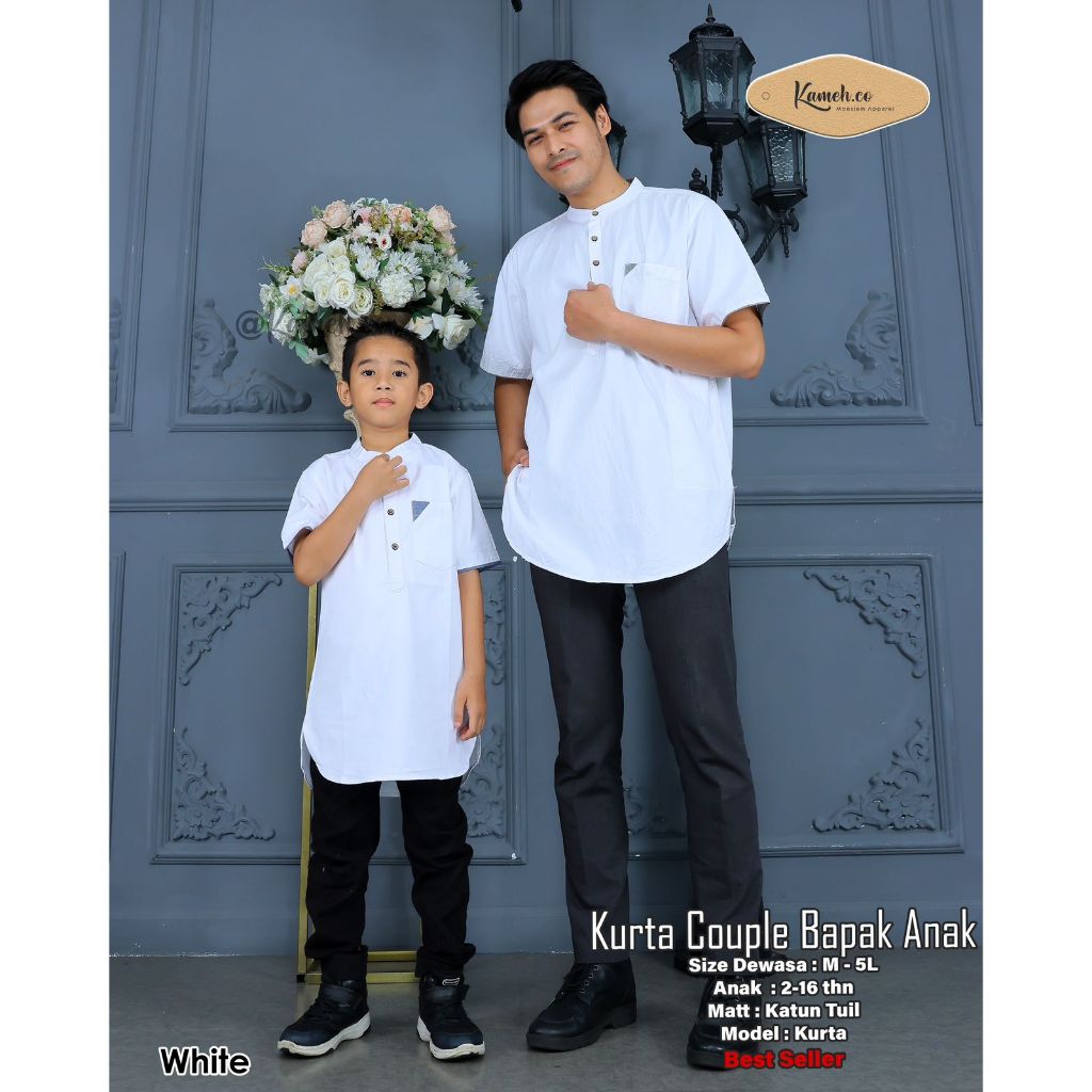 Baju koko couple ayah dan anak kurta putih kombinasi/  koko bahan couple kurta sigaret