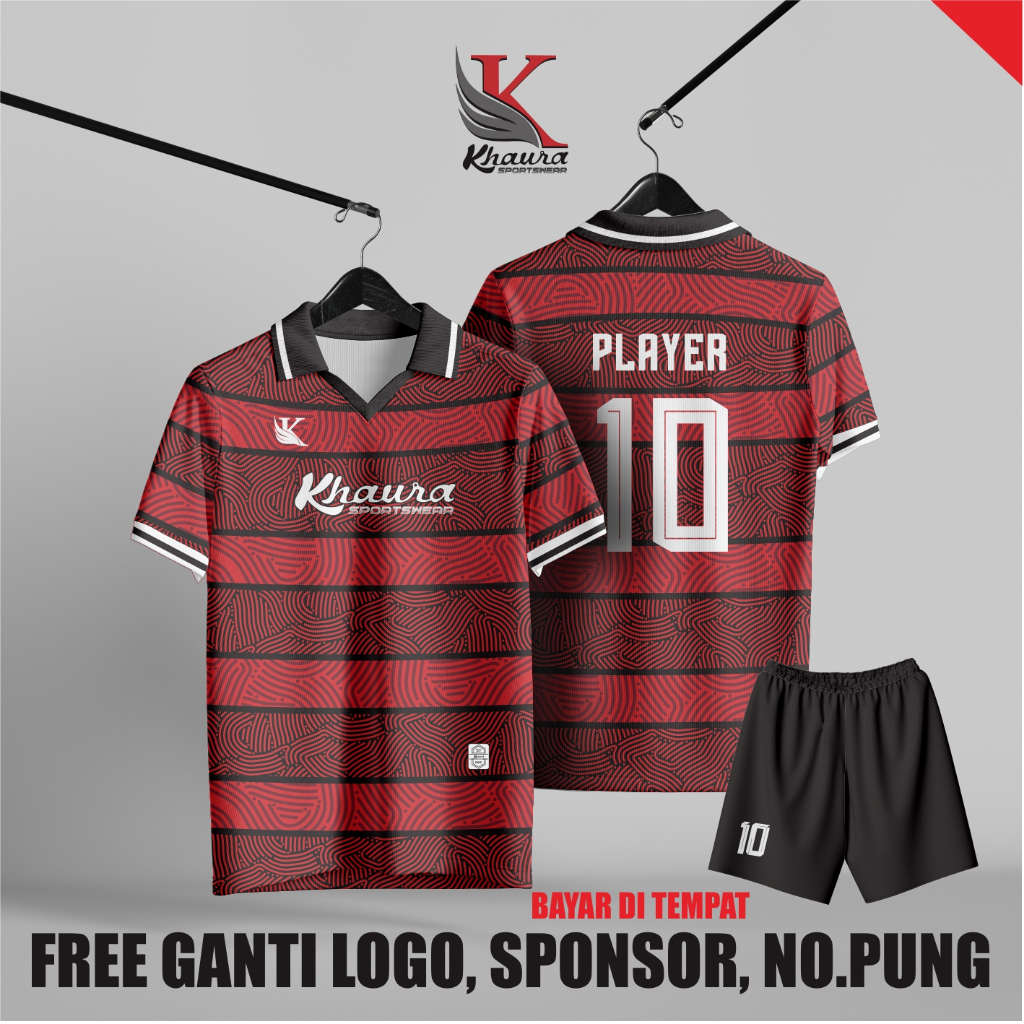 JERSEY RETRO MERAH HITAM FULL PRINTING NAMESET PUTIH Pakaian Pria Olahraga Sport Futsal