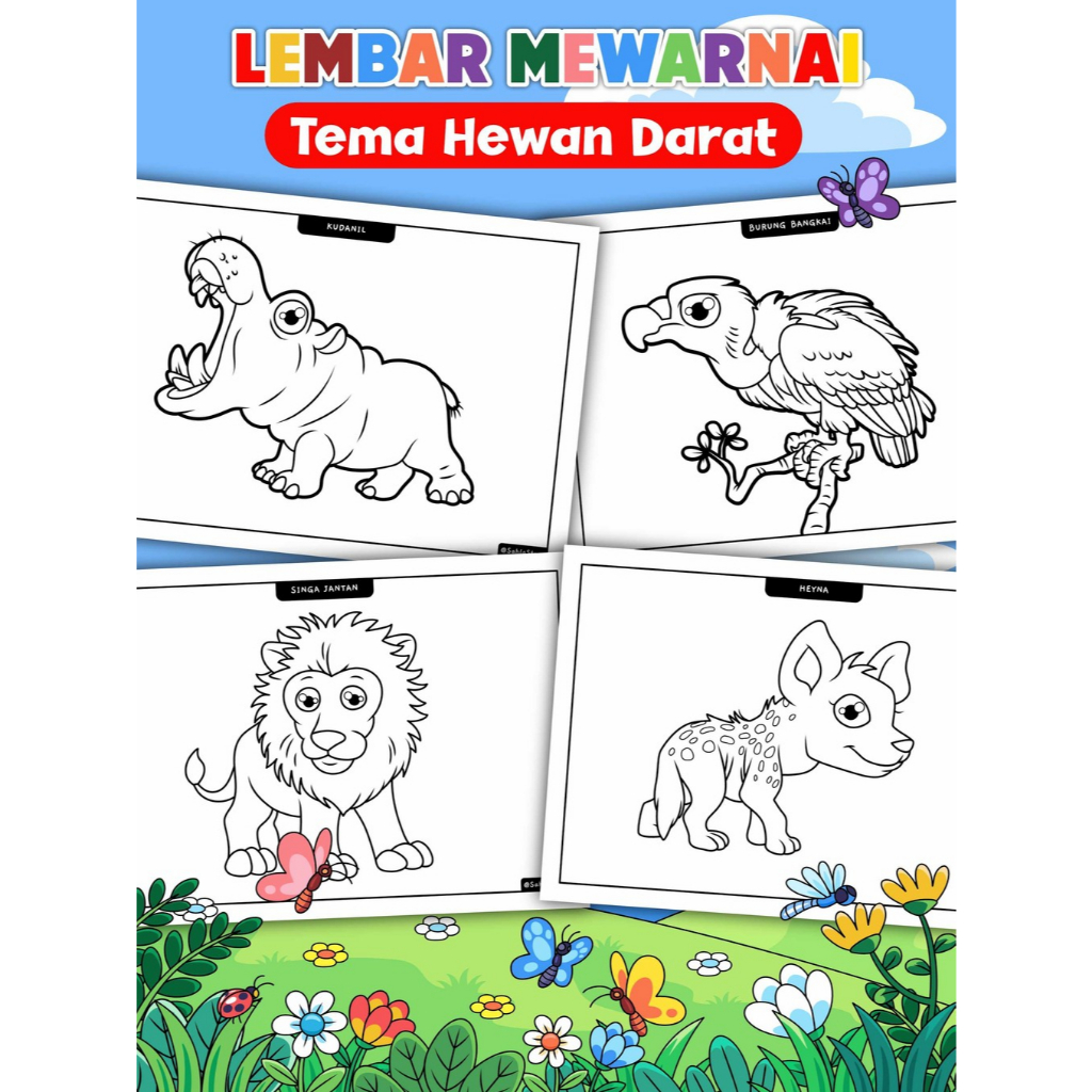 

Lembar mewarnai/coloring book Tema Hewan Darat | Kertas Mewarnai