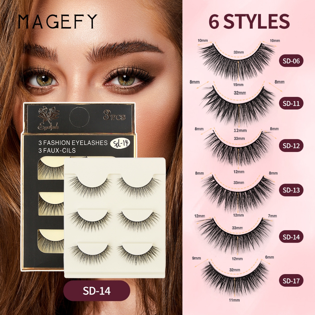 MAGEFY 3 Pasang Bulu Mata Palsu Natural Bulu Mata Eyelash Bulu Mata 3D Eyelash Extension Lembut 7044