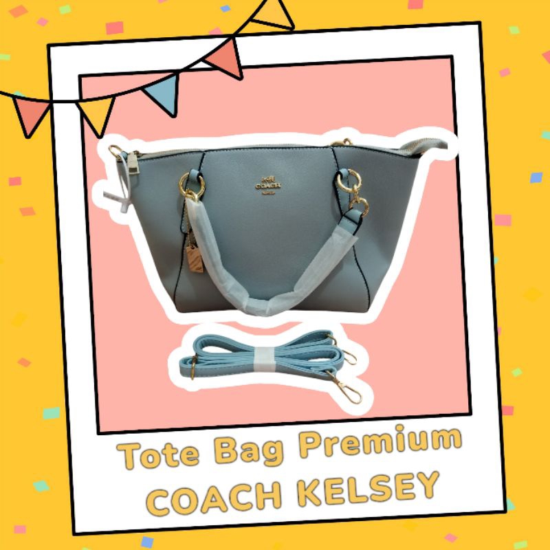 Tas Wanita COACH KELSEY Tote Bag Premium Medium Size Kualitas Impor - Baby Blue