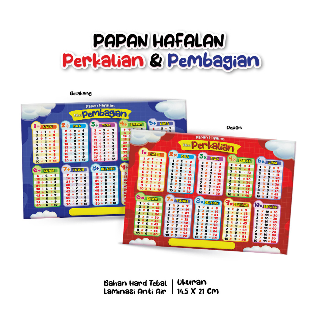 

Table Papan Hapalan Perkalian & Pembagian Bahan Hard Tebal Laminasi Anti Air Ukuran 14,5 x 21 cm ( Table Hafalan )..