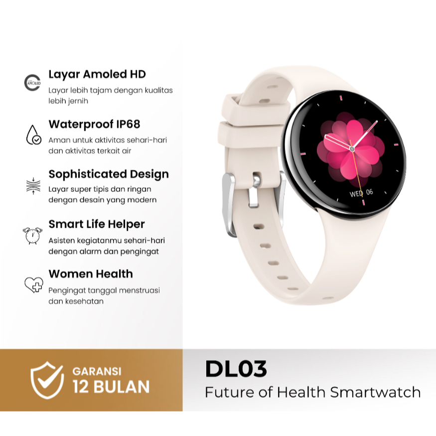 Smartwatch Wanita Original AMOLED Layar Musik & Olahraga + Kalung Stylish