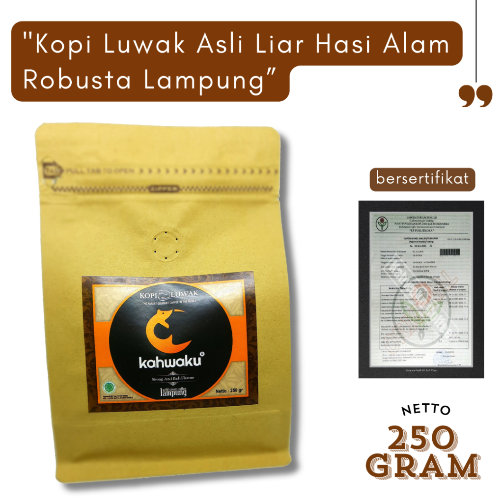 

Kopi Luwak Robusta Lampung Asli Liar 250g – Premium, Bubuk & Roasted Bean Pilihan, Terbaik dari Alam