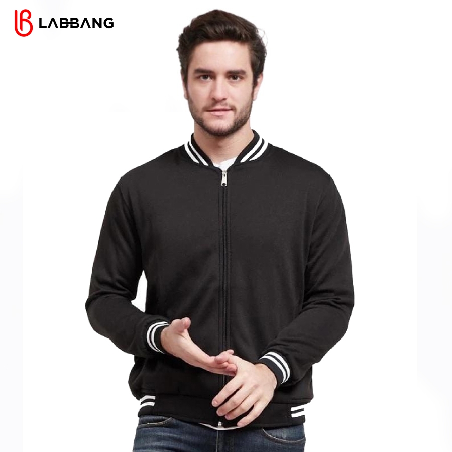 LABBANG Jacket Varsity Baseball Resleting Hitam Polos Pria Wanita Cotton Fleece Premium