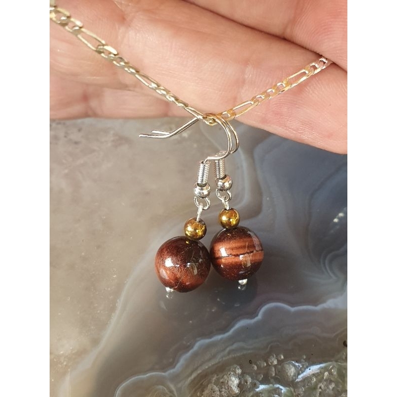#7747 - Tiger Eye Merah Anting, 10mm beads, Gemstones Earring Jewelry Asli Fashion Handmade Natural 