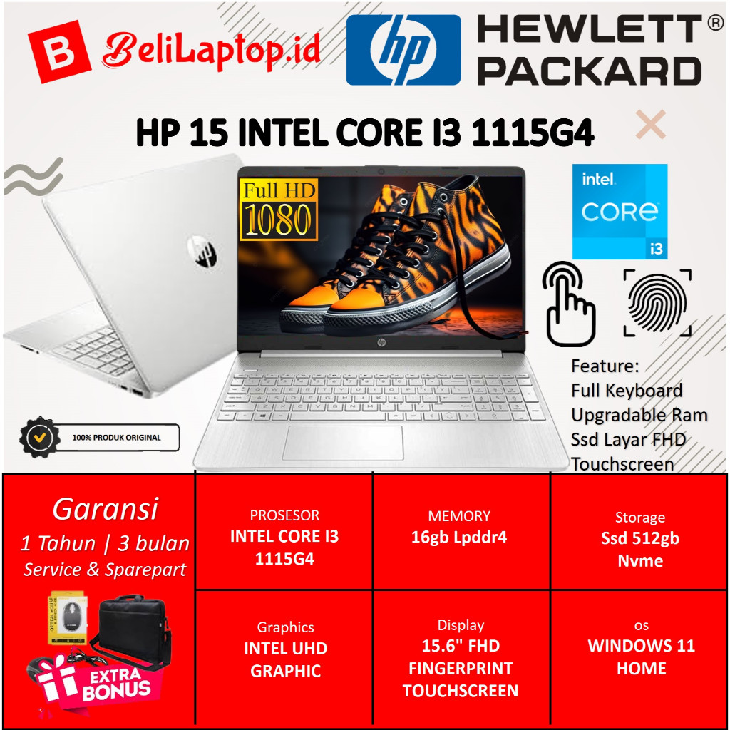 Laptop Kerja Hp 15 Intel Core I3 Gen 11 Ram 16Gb Ssd 512Gb FHD TOUCHSCREEN